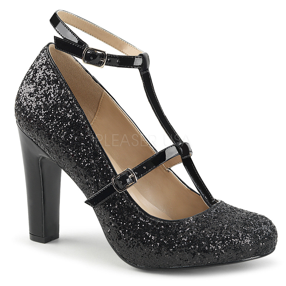 Pleaser Pink Label QUEEN-01 Black Pat-Glitter Round Toe Pumps - Shoecup.com