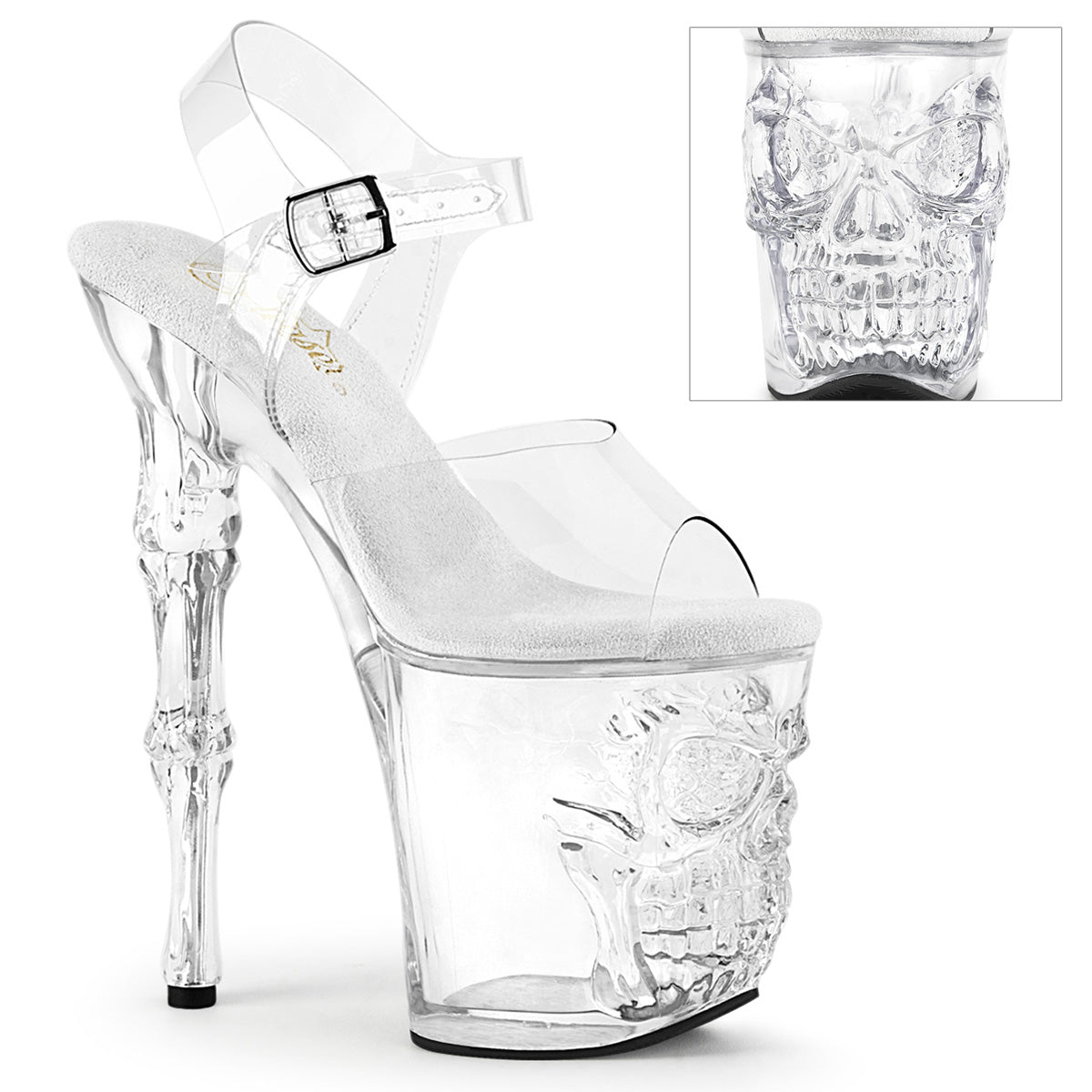 Pleaser RAPTURE-808 Clear 8 Inch (200mm) Finger Bone Heel, 4 Inch (100mm) Platform Ankle Strap Sandal Featuring Skull & Bones Platform Bottom