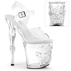 Pleaser RAPTURE-808 Clear 8 Inch (200mm) Finger Bone Heel, 4 Inch (100mm) Platform Ankle Strap Sandal Featuring Skull & Bones Platform Bottom