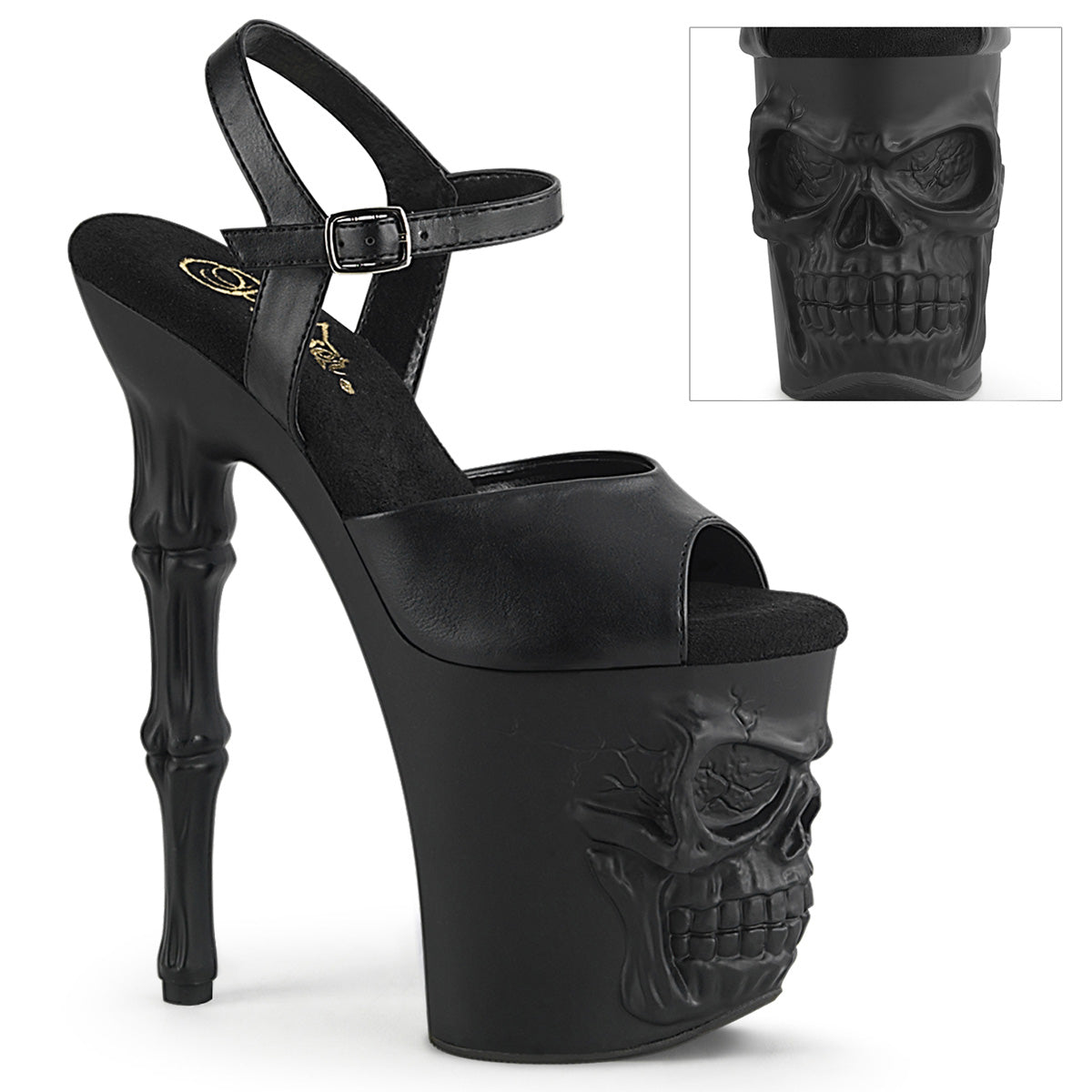 Pleaser RAPTURE-809 Black Pu 8 Inch (200mm) Finger Bone Heel, 4 Inch (100mm) Platform Ankle Strap Sandal Featuring Skull & Bones Platform Bottom