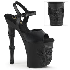 Pleaser RAPTURE-809 Black Pu 8 Inch (200mm) Finger Bone Heel, 4 Inch (100mm) Platform Ankle Strap Sandal Featuring Skull & Bones Platform Bottom
