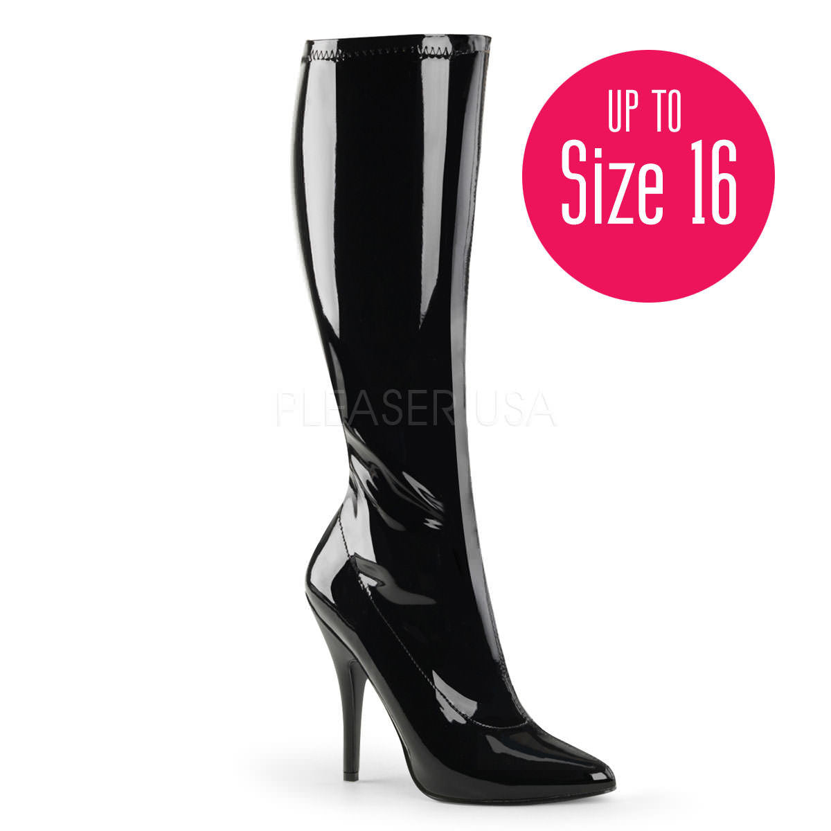 Pleaser SEDUCE-2000 Black Stretch Patent Knee High Boots - Shoecup.com - 2