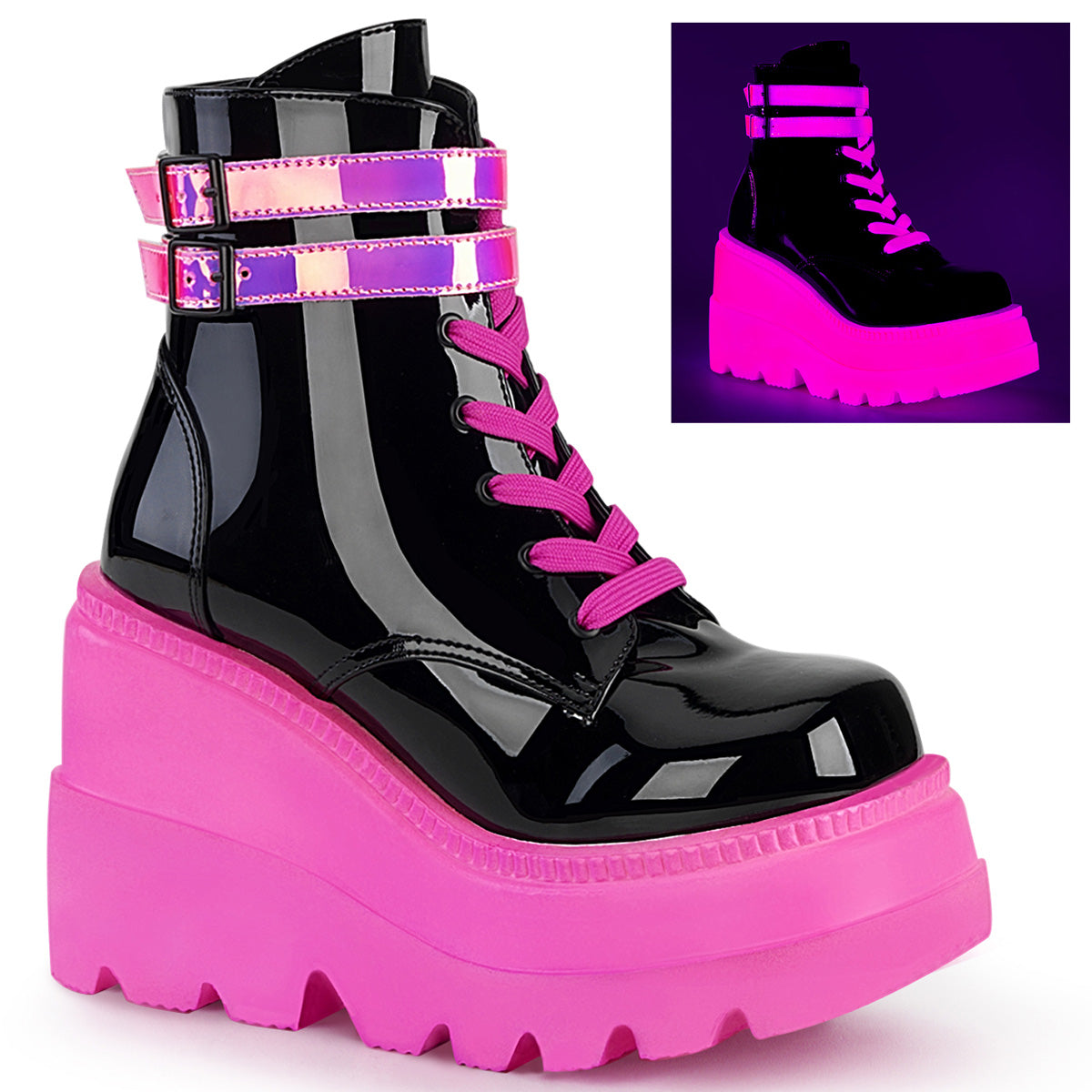 4" Wedge SHAKER-52 Black Patent UV Neon Pink