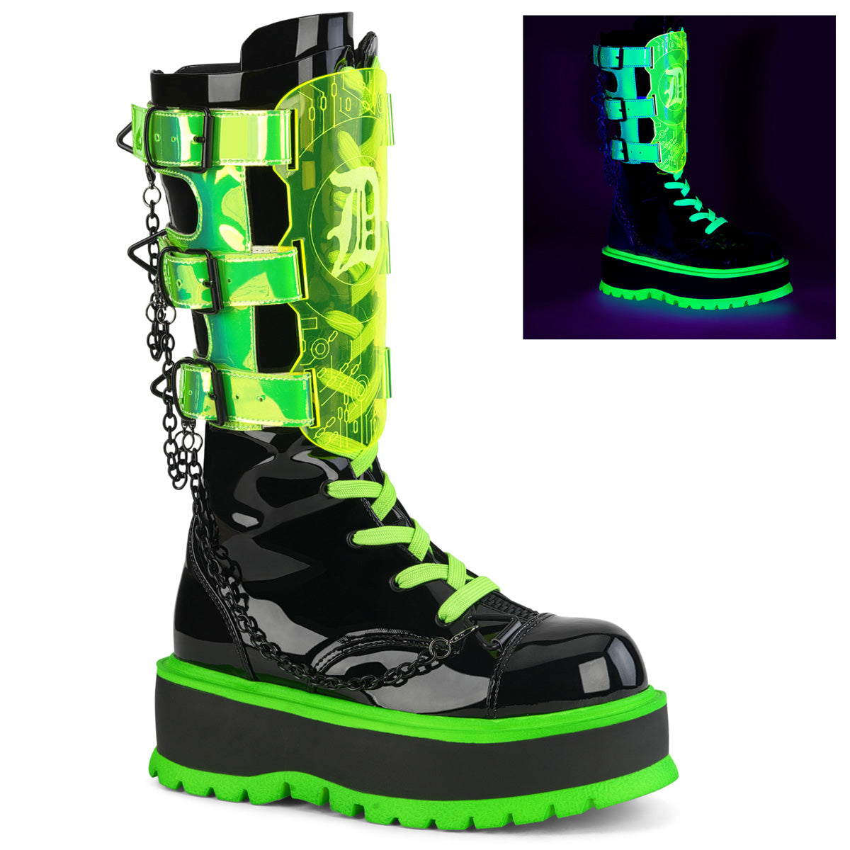 demonia-slacker-156-black-patent-uv-neon-green
