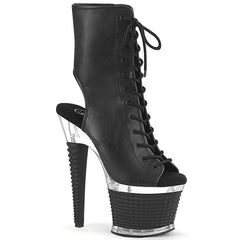 Pleaser SPECTATOR-1016 Black Pu 7 Inch (178mm) Heel, 3 Inch (76mm) Textured Platform Open Toe/Heel Lace-Up Front Ankle Boot, Inside Zip Closure