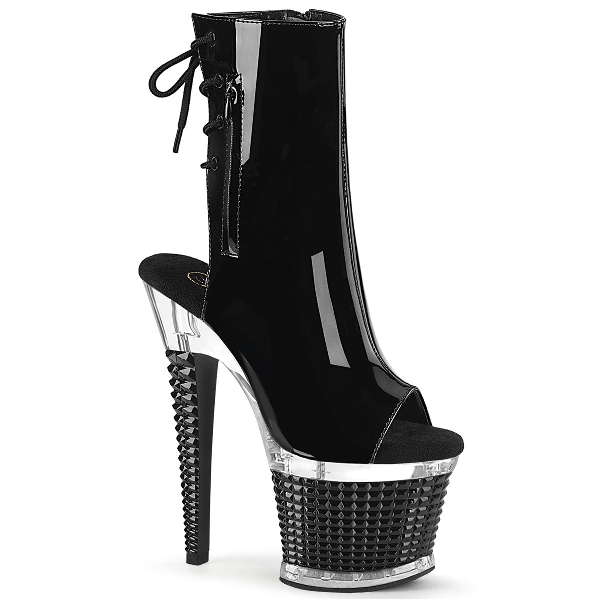 Pleaser SPECTATOR-1018 Black Patent 7 Inch (178mm) Heel, 3 Inch (76mm) Textured Platform Open Toe/Heel Lace-Up Back Ankle Boot With Hidden Zip Pocket, Inside Zip Closure