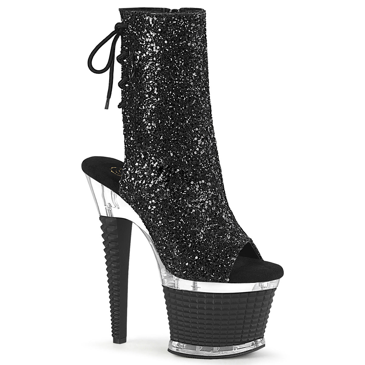 Pleaser SPECTATOR-1018G Black Glitter 7 Inch (178mm) Heel, 3 Inch (76mm) Textured Platform Open Toe/Heel Lace-Up Back Ankle Boot With Hidden Zip Pocket, Inside Zip Closure