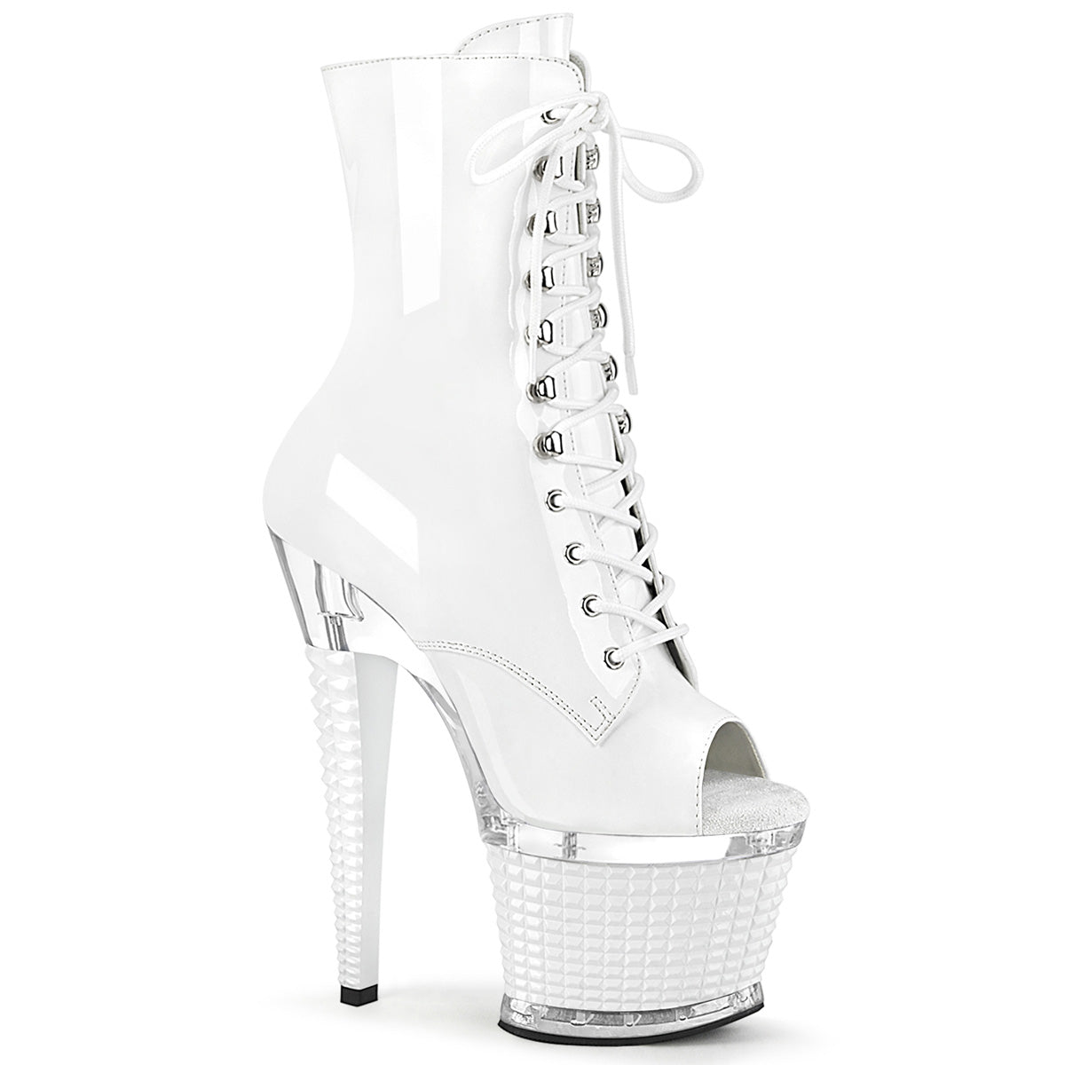 Pleaser SPECTATOR-1021 White Pat-Clear-White 7 Inch (178mm) Heel, 3 Inch (76mm) Textured Platform Open Toe Lace-Up Front Ankle Boot, Inside Zip Closure