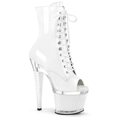 Pleaser SPECTATOR-1021 White Pat-Clear-White 7 Inch (178mm) Heel, 3 Inch (76mm) Textured Platform Open Toe Lace-Up Front Ankle Boot, Inside Zip Closure
