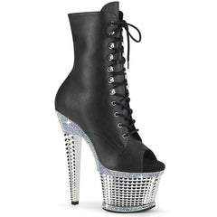Pleaser SPECTATOR-1021RS Black Pu-Silver Rhinestone 7 Inch Heel, 3 Inch Textured Platform Peep Toe Ankle Boot, Side Zip