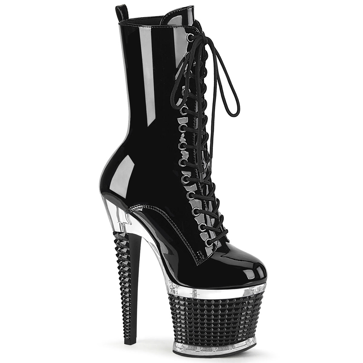 Pleaser SPECTATOR-1040 Black Pat 7 Inch (178mm) Heel, 3 Inch (76mm) Textured Platform Peep Toe Lace-Up Front Mid Calf Boot, Inside Zip Closure