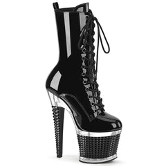 Pleaser SPECTATOR-1040 Black Pat 7 Inch (178mm) Heel, 3 Inch (76mm) Textured Platform Peep Toe Lace-Up Front Mid Calf Boot, Inside Zip Closure