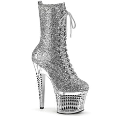 Pleaser SPECTATOR-1040G Silver Glitter 7 Inch (178mm) Heel, 3 Inch (76mm) Textured Platform Peep Toe Lace-Up Front Mid Calf Boot, Inside Zip Closure