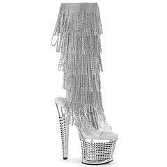 Pleaser SPECTATOR-2017RSF Clear-Silver 7 Inch Heel, 3 Inch Textured Platform Open Toe/Heel Knee Boot, Side Zip