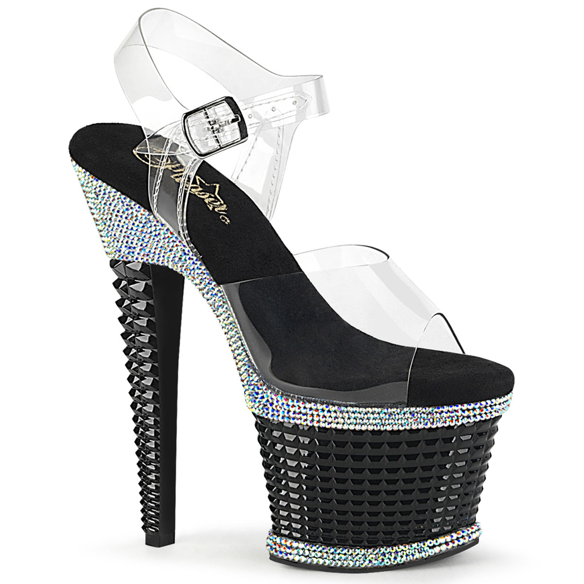Pleaser SPECTATOR-708RS Clear-Black-Rhinestone 7 Inch Heel, 3 Inch Textured Platform Ankle Strap Sandal With Rhinestone