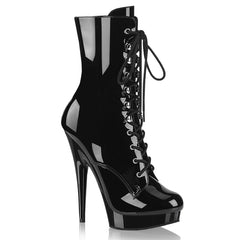 6 Inch (152mm) Heel, 1 Inch (25mm) Black Patent Platform Lace-Up Front Ankle Boot, Inside Zip Closure