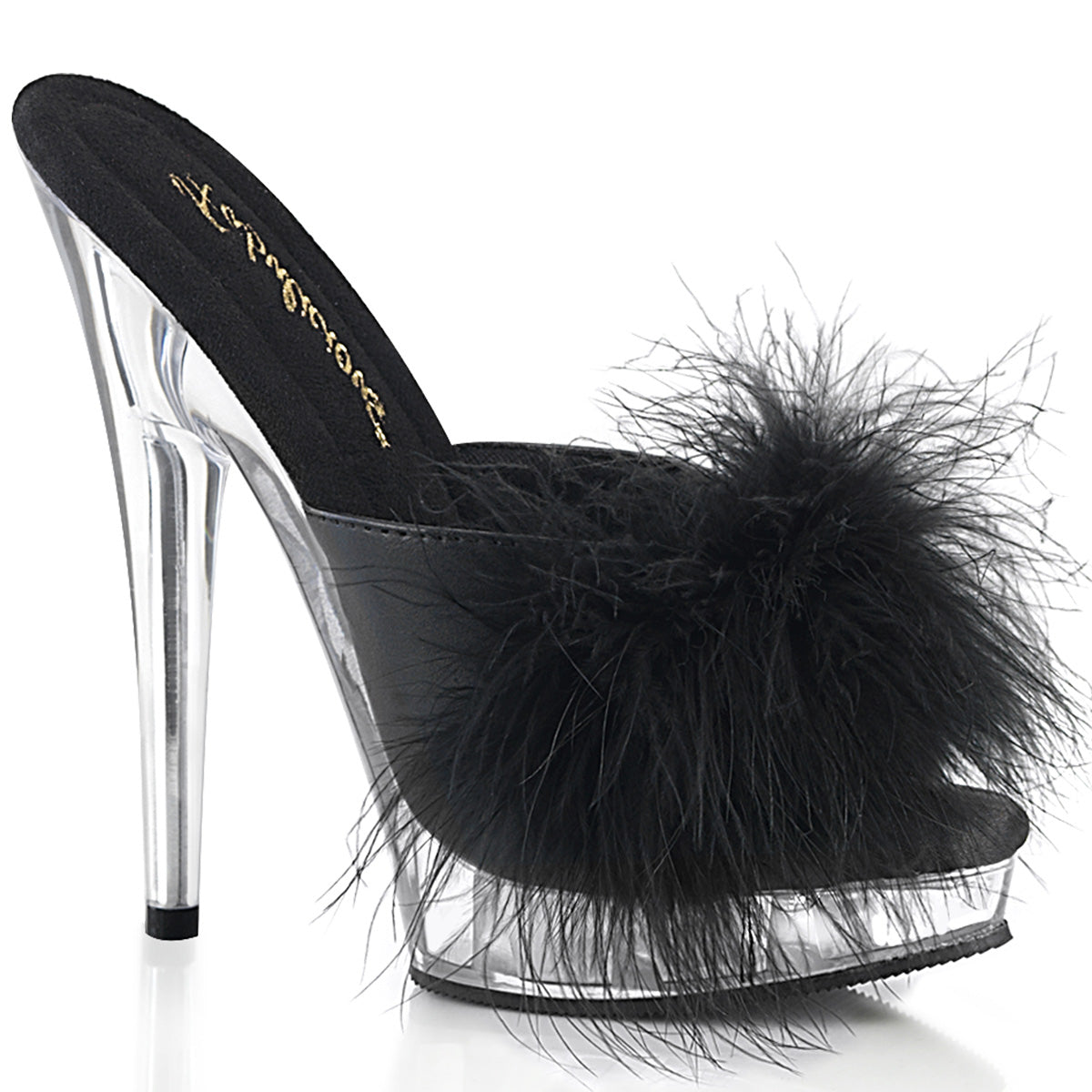 6 Inch (152mm) Heel, 1 Inch (25mm) Platform Black Pu Marabou Fur Slipper