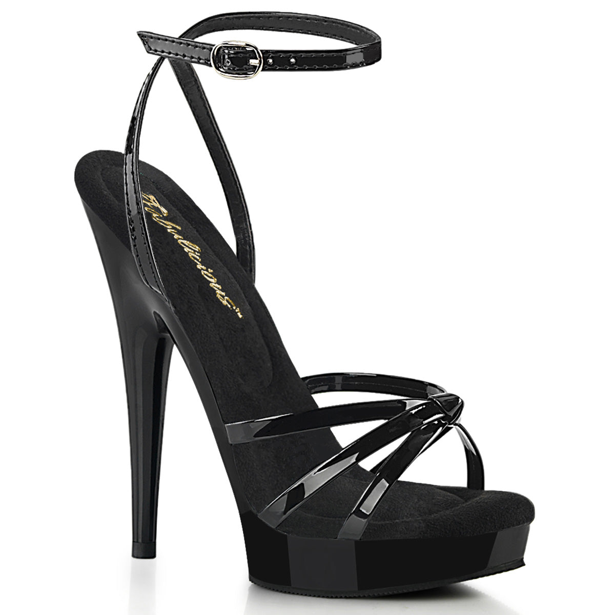 6" Heel, 1" Platform Wrap Around Knotted Black Patent Strap Sandal