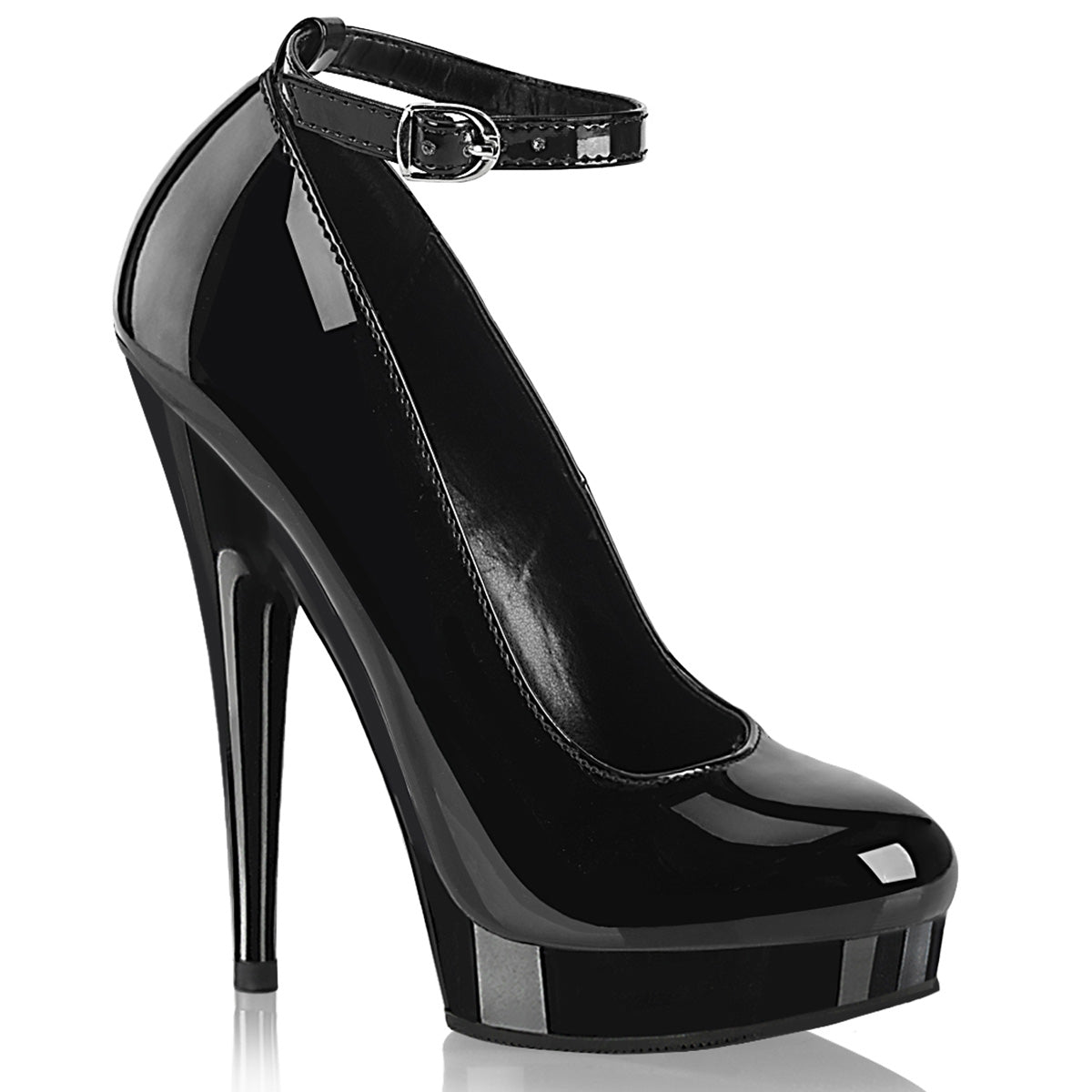 6 Inch (152mm) Heel, 1 Inch (25mm) Platform Black Patent Ankle Strap Pump