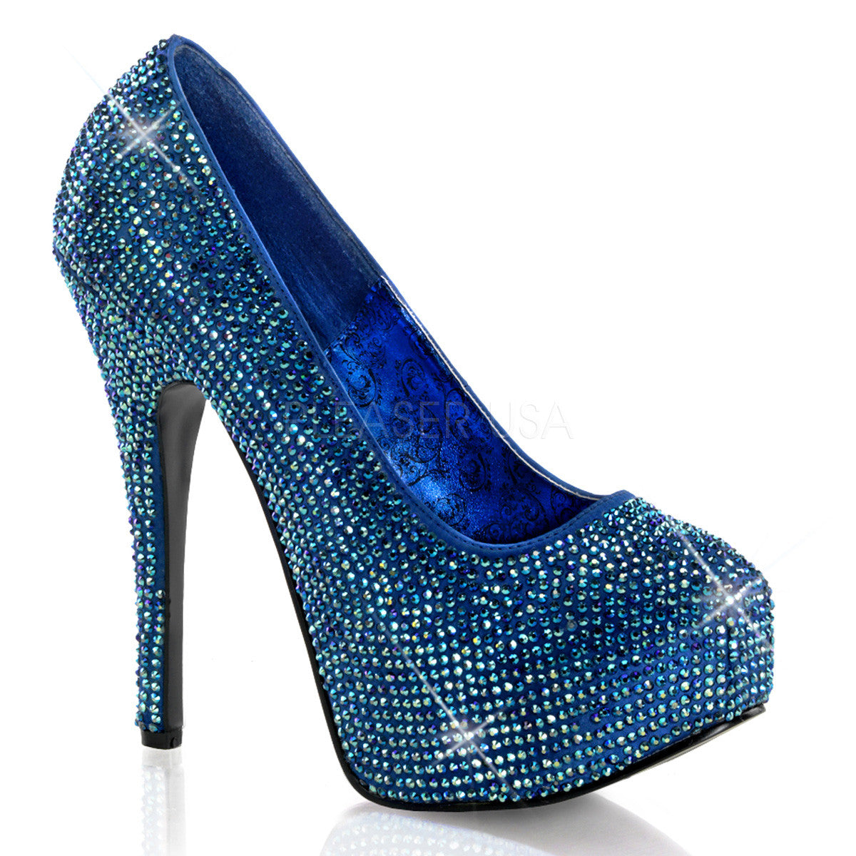 Bordello,Bordello TEEZE-06R Blue Satin-Irid Rhinestoned Pumps - Shoecup.com