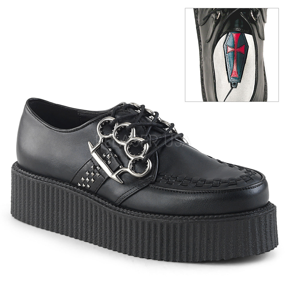 Demonia V-CREEPER-516 Black 2" Platform Oxford Creeper With Brass Knuckles and Pyramid Stud Detailing