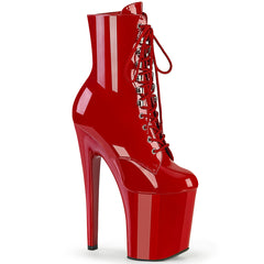 Pleaser XTREME-1020 Red Pat 8 Inch (200mm) Heel, 4 Inch (100mm) Platform Lace-Up Front Ankle Boot, Inside Zip Closure