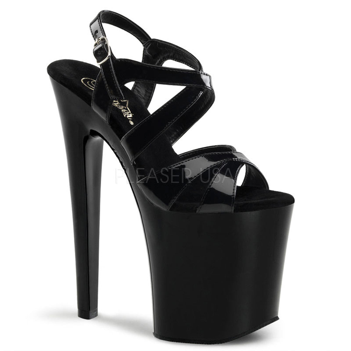 PLEASER XTREME 872 Black Pat 8 Inch Heel Criss Cross Platform Sandals Shoecup