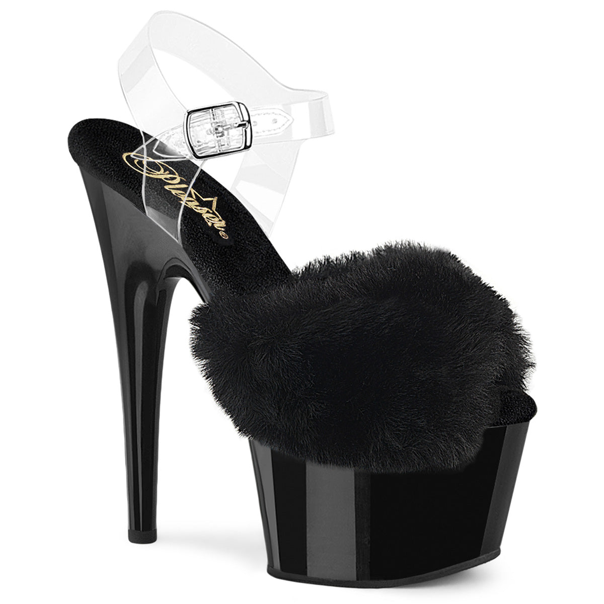 7 Inch Heel ADORE-708FUR Black Faux Fur Clear TPU by Pleaser