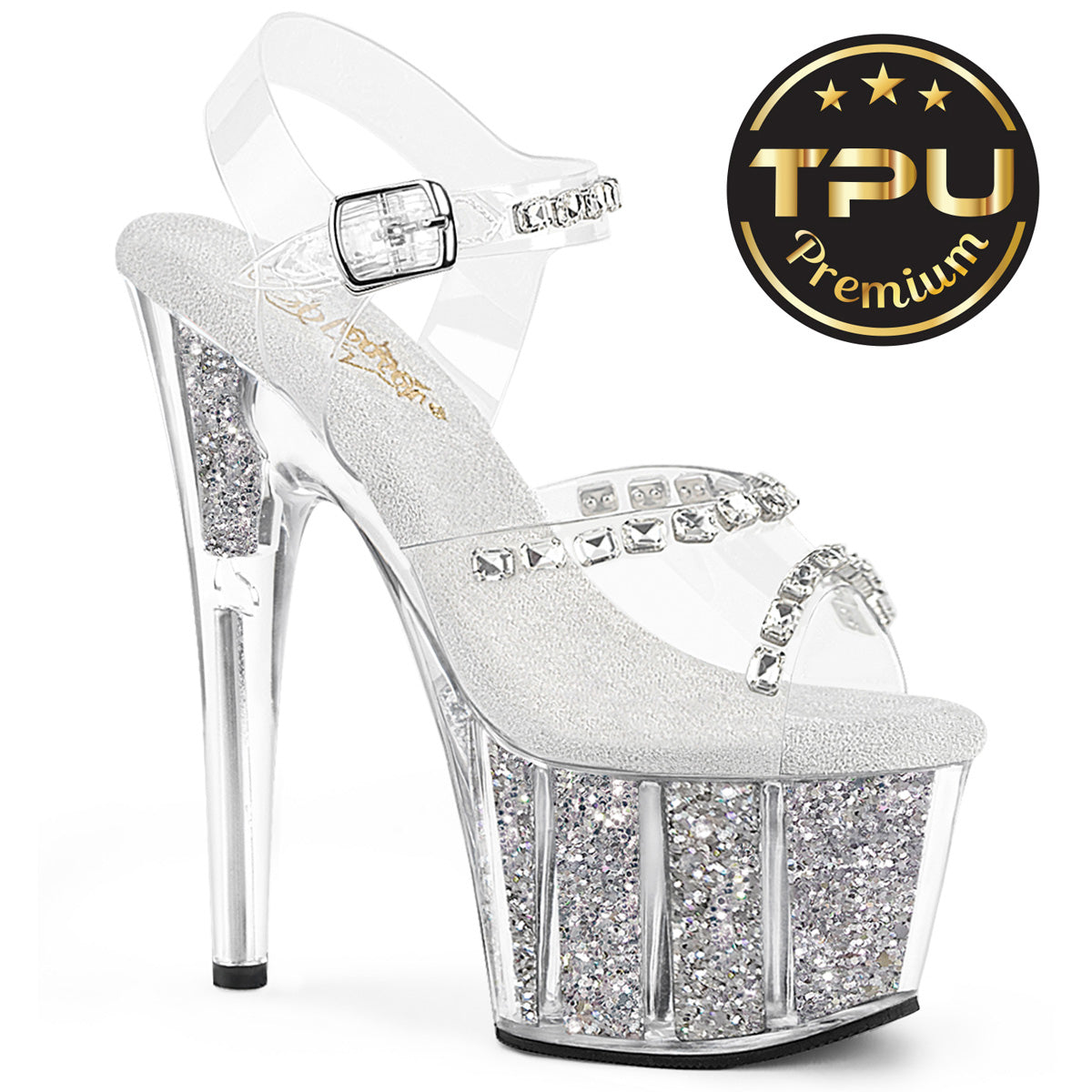 7 Inch Heel ADORE-708PREM-STNG Clear TPU Silver Glitter by Pleaser