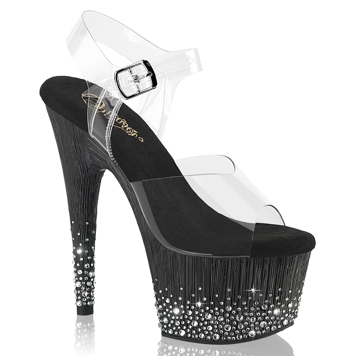7 Inch Heel ADORE-708SPKL-01 Clear Black Silver Rhinestone by Pleaser