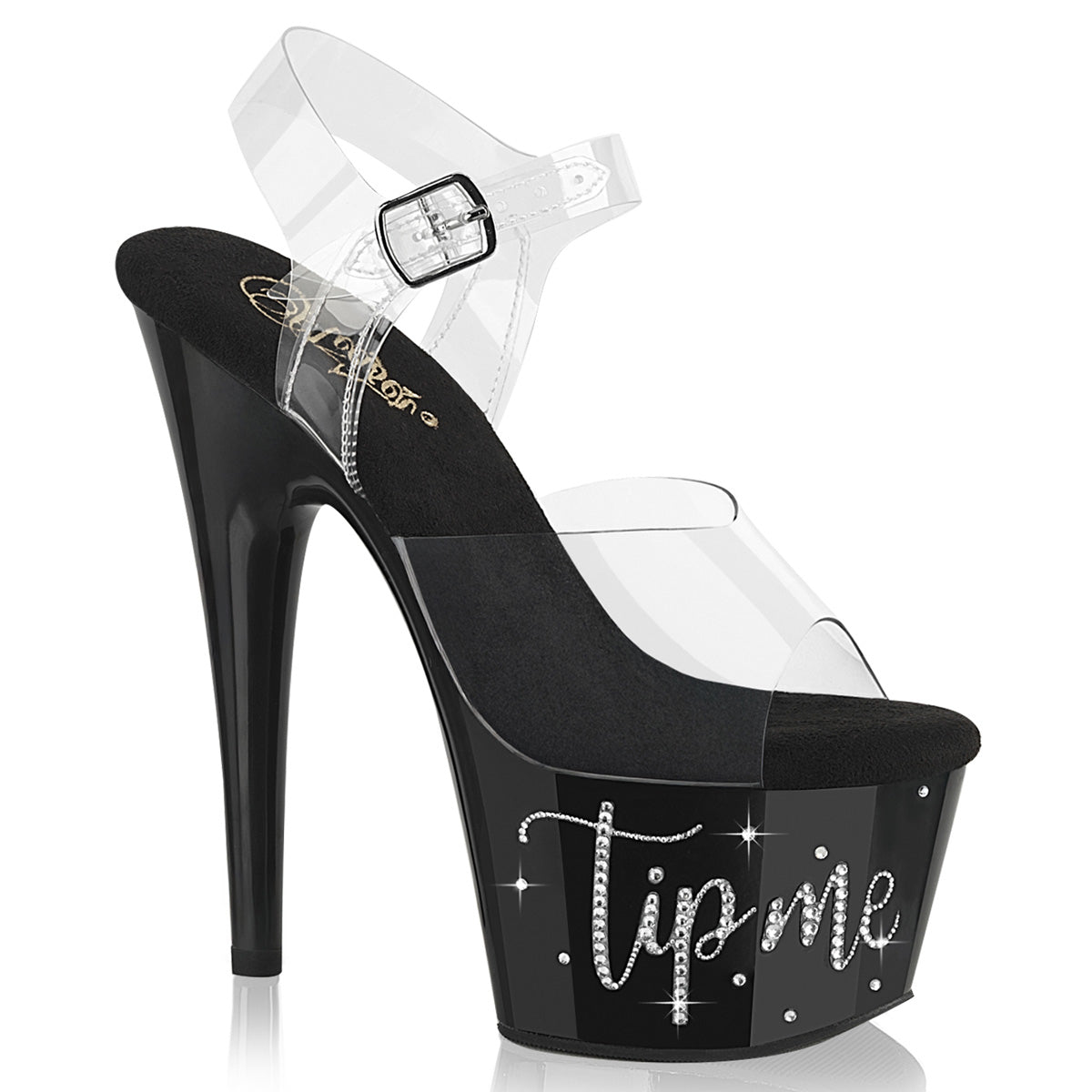 7 Inch Heel ADORE-708TIP-02 Clear Black Silver Rhinestone by Pleaser