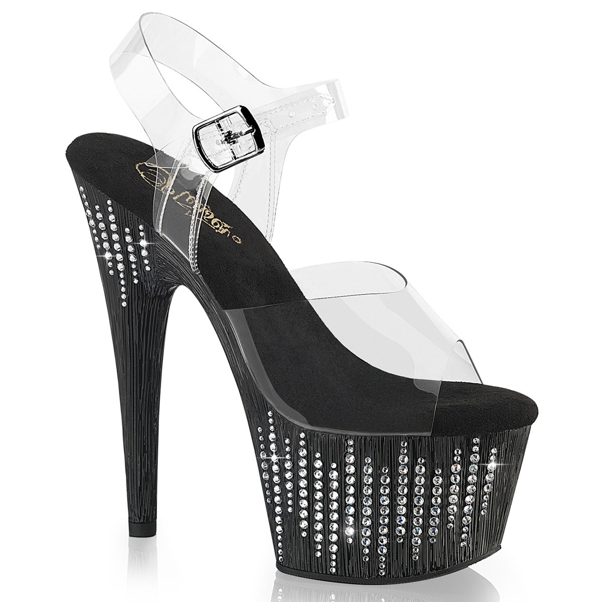 7 Inch Heel ADORE-708WFRS Clear Black Silver Rhinestone by Pleaser