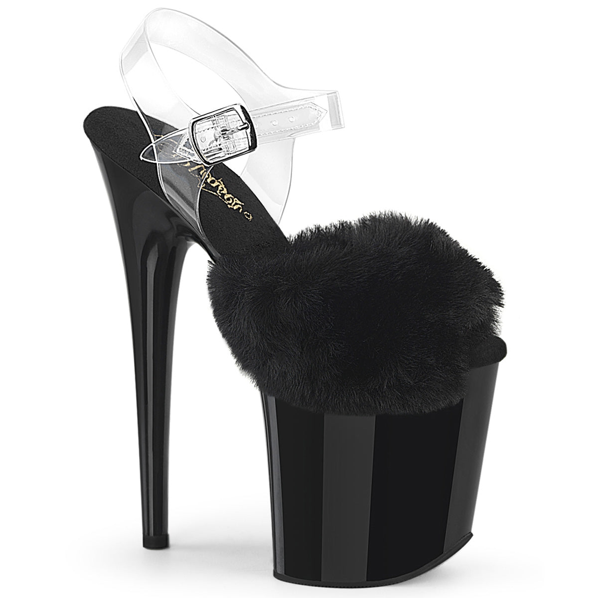 8 Inch Heel FLAMINGO-808FUR Black Faux Fur Clear TPU by Pleaser