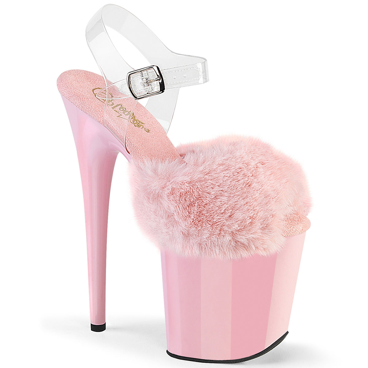 8 Inch Heel FLAMINGO-808FUR Baby Pink Faux Fur Clear TPU by Pleaser