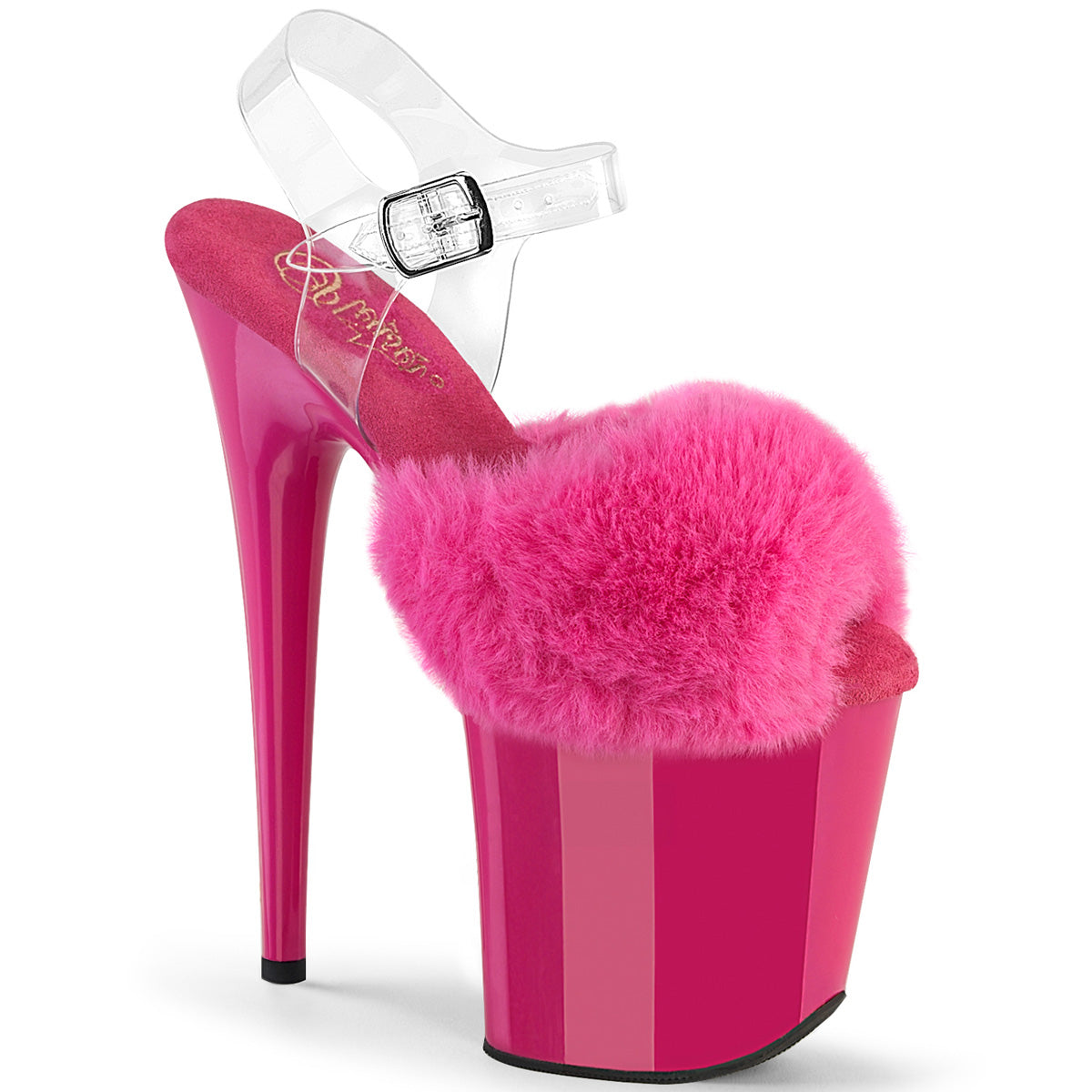 8 Inch Heel FLAMINGO-808FUR Fuchsia Faux Fur Clear TPU by Pleaser
