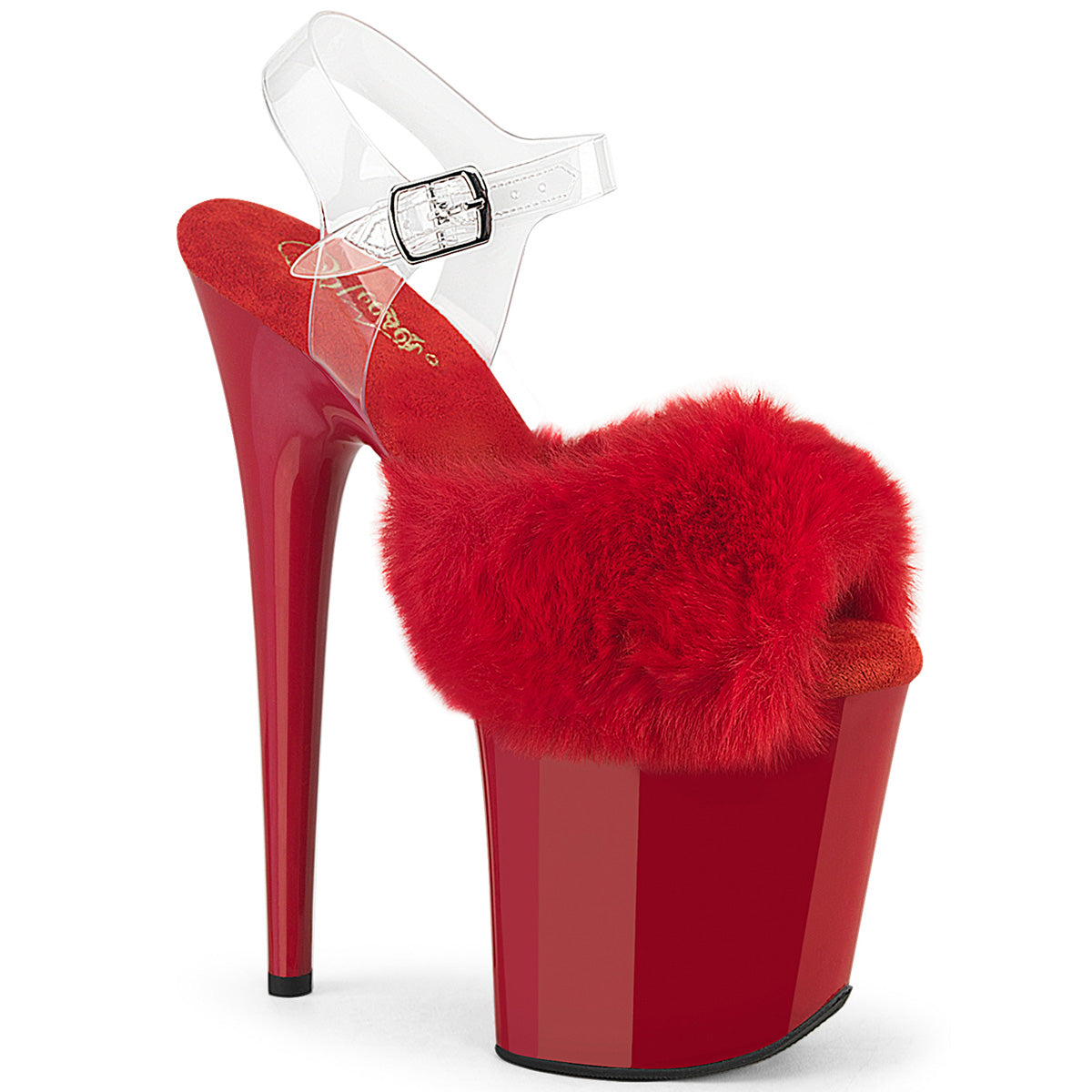 8 Inch Heel FLAMINGO-808FUR Red Faux Fur Clear TPU by Pleaser