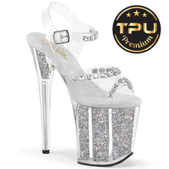 8 Inch Heel FLAMINGO-808PREM-STNG Clear TPU Silver Glitter by Pleaser