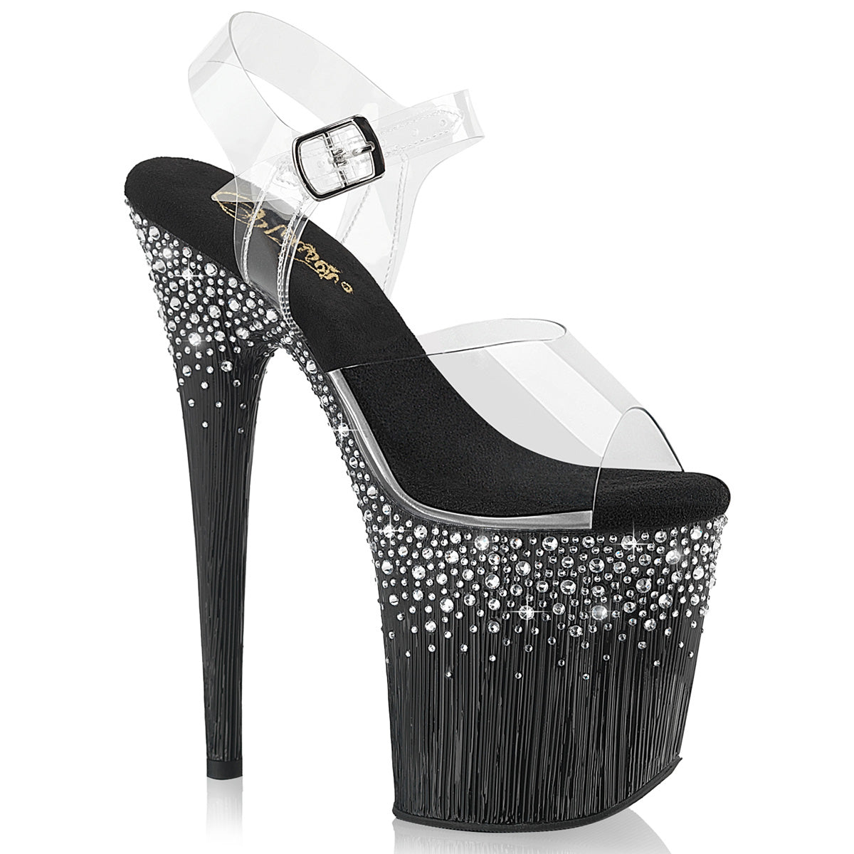 8 Inch Heel FLAMINGO-808SPKL-02 Clear Black Silver Rhinestone by Pleaser