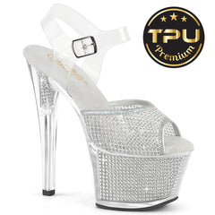 7 Inch Heel SKY-308PREM-RSNT Clear TPU Silver Rhinestone Filled by Pleaser