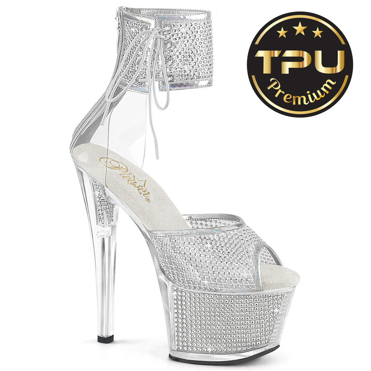 7 Inch Heel SKY-324PREM-RSNT Clear TPU Silver Rhinestone Filled by Pleaser