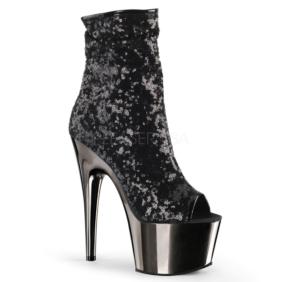 Pleaser ADORE-1008SQ Black Sequins Ankle Boots With Black Platform - Shoecup.com - 1