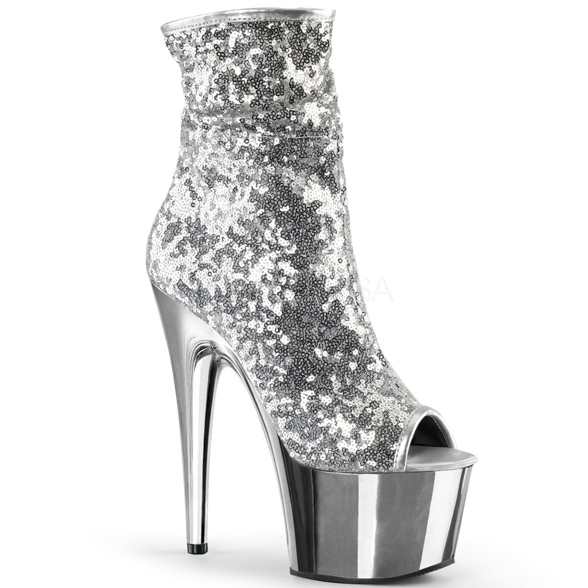 Pleaser ADORE-1008SQ Silver Sequins Ankle Boots With Silver Chrome Platform - Shoecup.com - 1