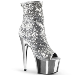 Pleaser ADORE-1008SQ Silver Sequins Ankle Boots With Silver Chrome Pla ...