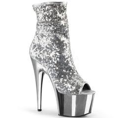 Pleaser ADORE-1008SQ Silver Sequins Ankle Boots With Silver Chrome Platform - Shoecup.com - 1