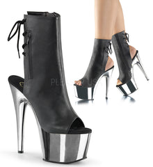 Pleaser ADORE-1018 Black Faux Leather Ankle Boots With Silver Chrome Platform - Shoecup.com - 1