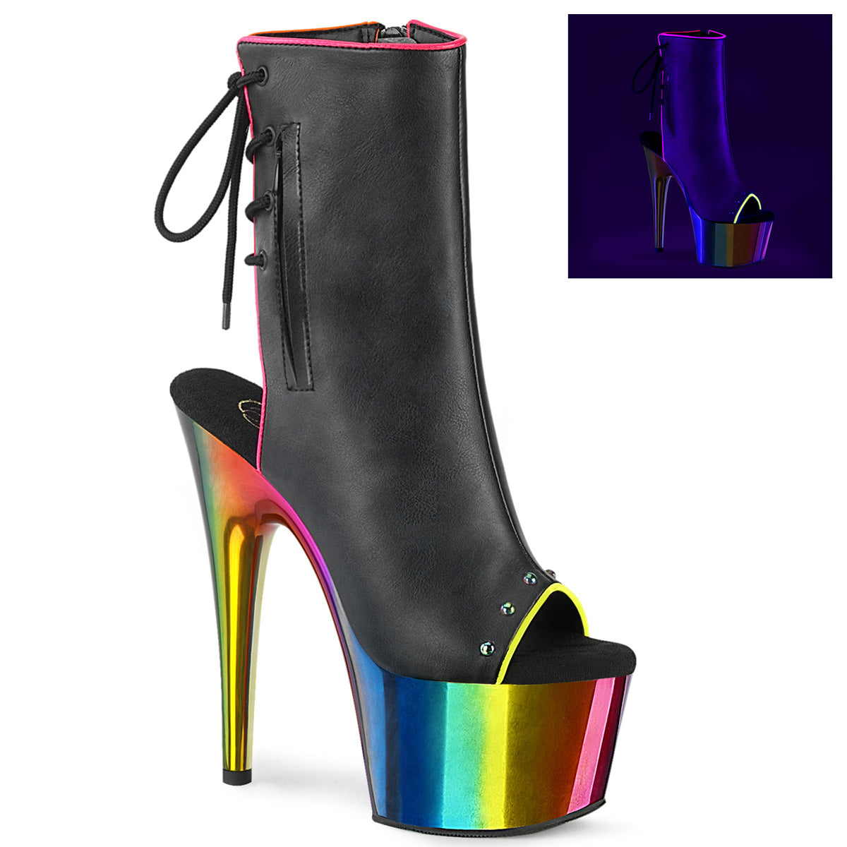 Pleaser ADORE-1018RC-02 Black Faux Leather-Rainbow Chrome 7 Inch Heel, 2 3/4 Inch Chromed Platform Open Toe Ankle Boot, Side Zip
