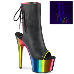 Pleaser ADORE-1018RC-02 Black Faux Leather-Rainbow Chrome 7 Inch Heel, 2 3/4 Inch Chromed Platform Open Toe Ankle Boot, Side Zip
