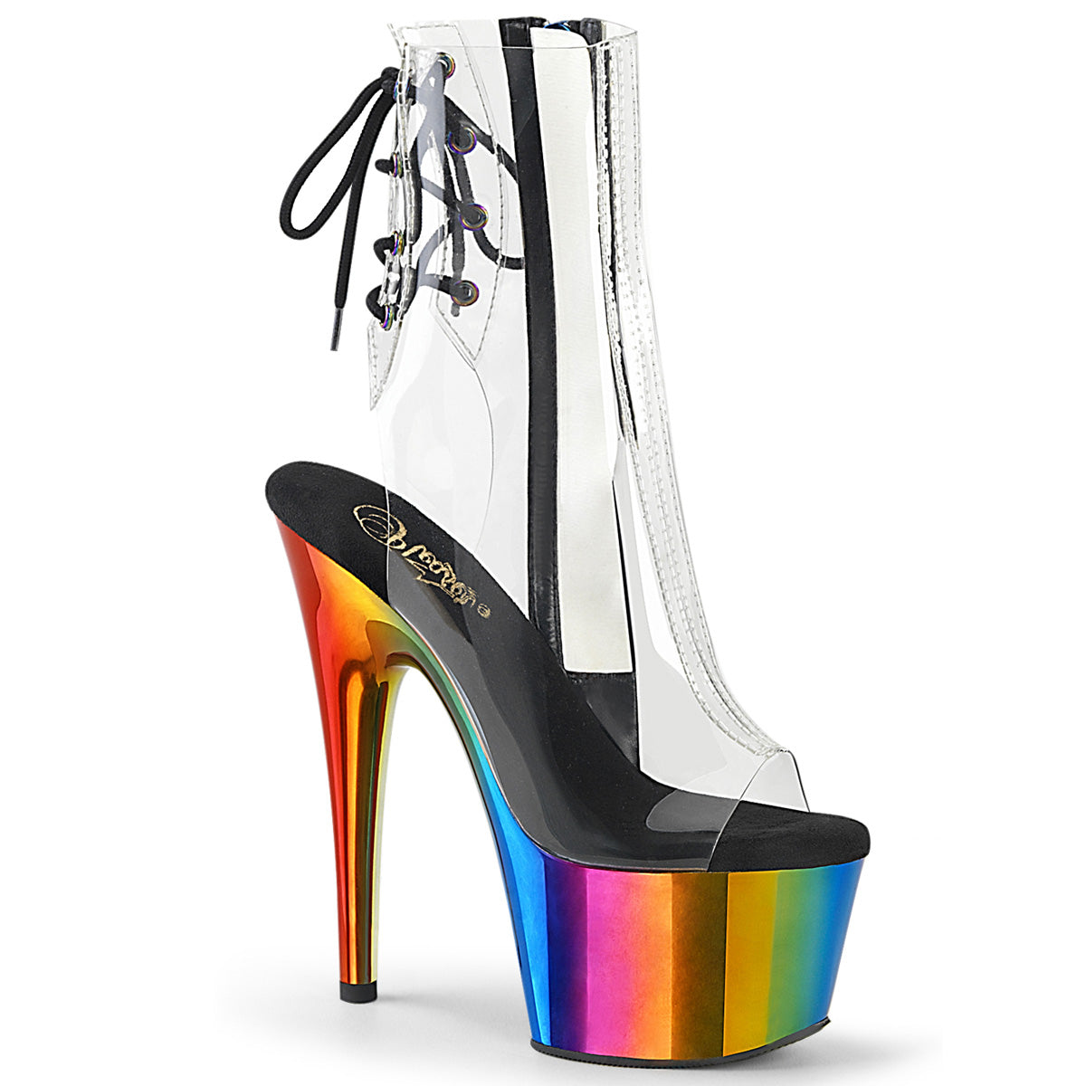 Pleaser ADORE-1018RC Clear-Rainbow Chrome 7 Inch Heel, 2 3/4 Inch Chromed Platform Open Toe Ankle Boot, Side Zip