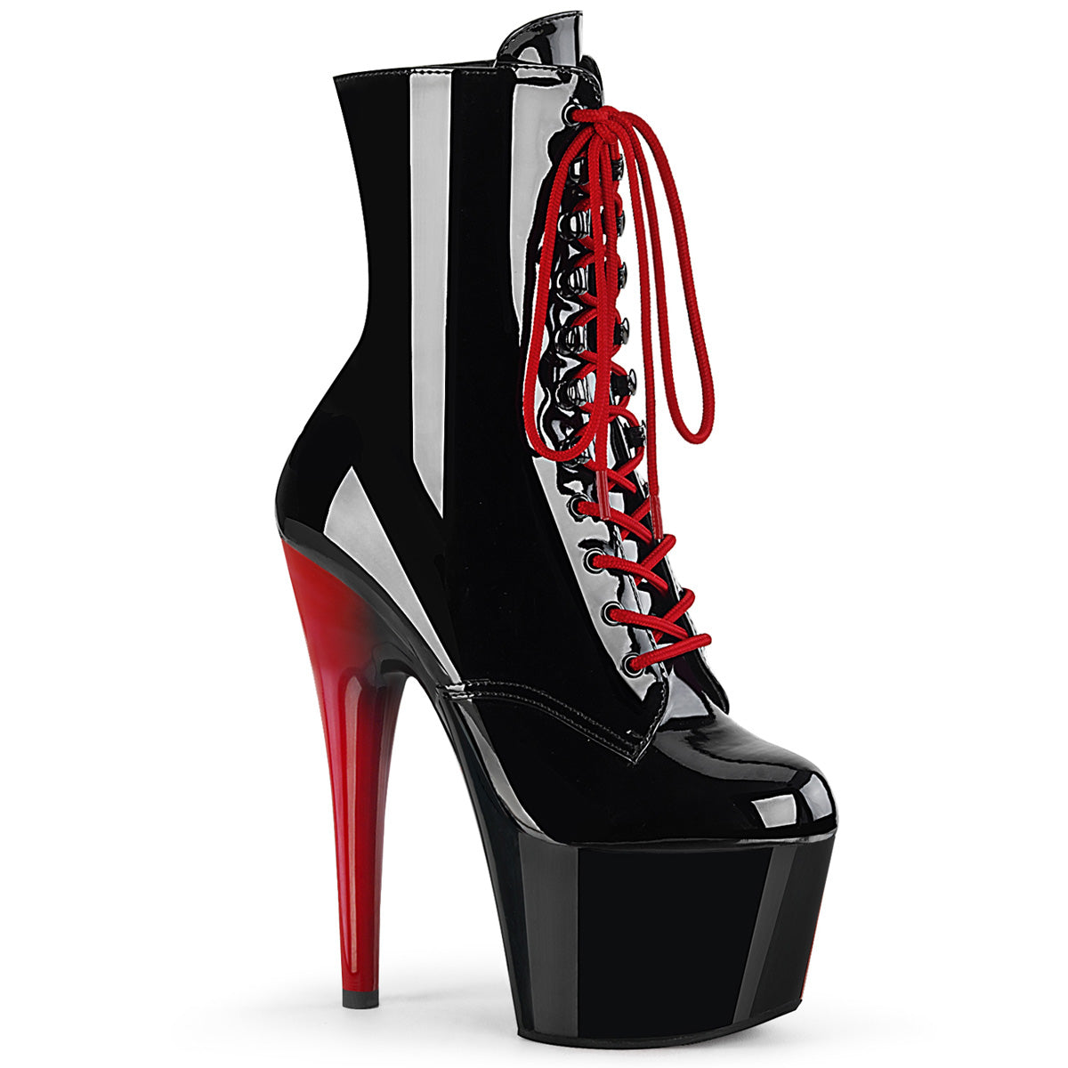 Pleaser ADORE-1020 Black Pat-Black-Red 7 Inch Heel, 2 3/4 Inch Platform Two Tone Lace-Up Ankle Boot, Side ZIp