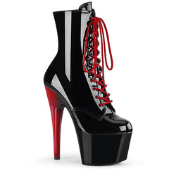 Pleaser ADORE-1020 Black Pat-Black-Red 7 Inch Heel, 2 3/4 Inch Platform Two Tone Lace-Up Ankle Boot, Side ZIp